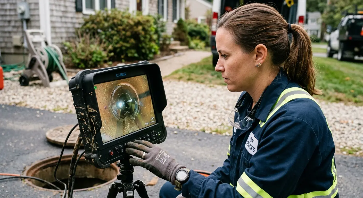 Technician reviewing sewer camera inspection footage in Prairie du Chien