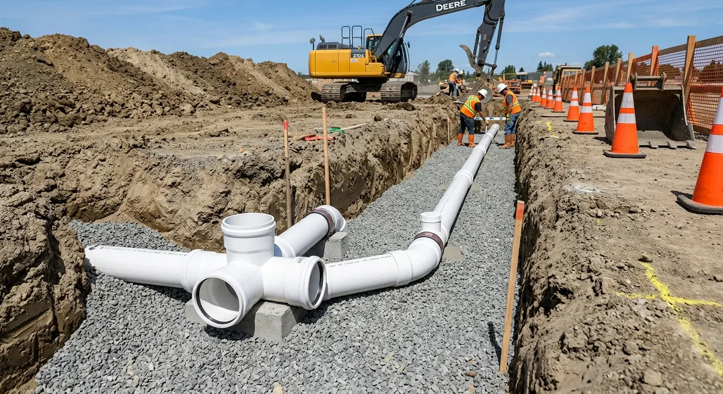New PVC sewer pipe installation in open trench for Sewer Backup in Prairie du Chien