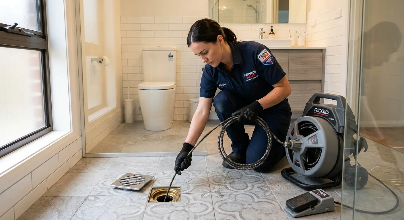 Technician clearing a bathroom floor drain for Drain Cleaning in Prairie du Chien